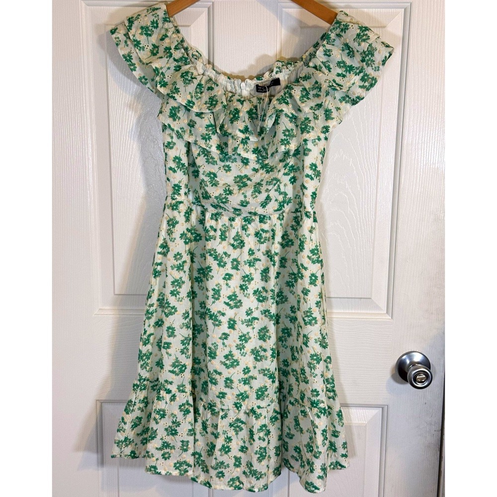 Simplee Floral Eyelet Off Shoulder Ruffle A-Line Lined Dress S Green White